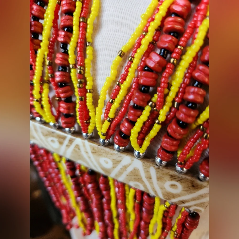 Yellow, Red and Black Beaded Necklace with Camel Bone Accent. Reversable š - Picture 3 of 8